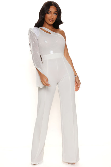 Late To Party Sequin Jumpsuit - White ...
